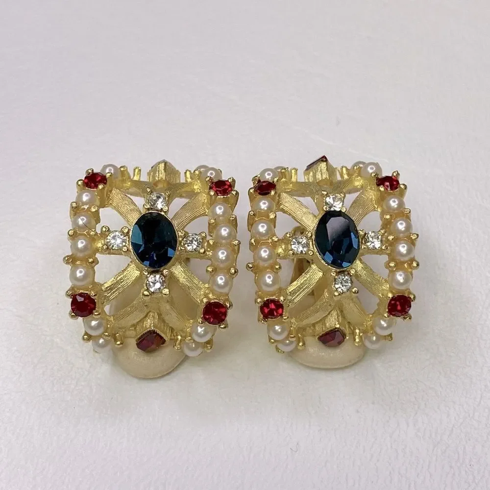 Roxanne Assoulin Gold Tone Faux Pearl Red & Blue Rhinestone Clip On Earrings